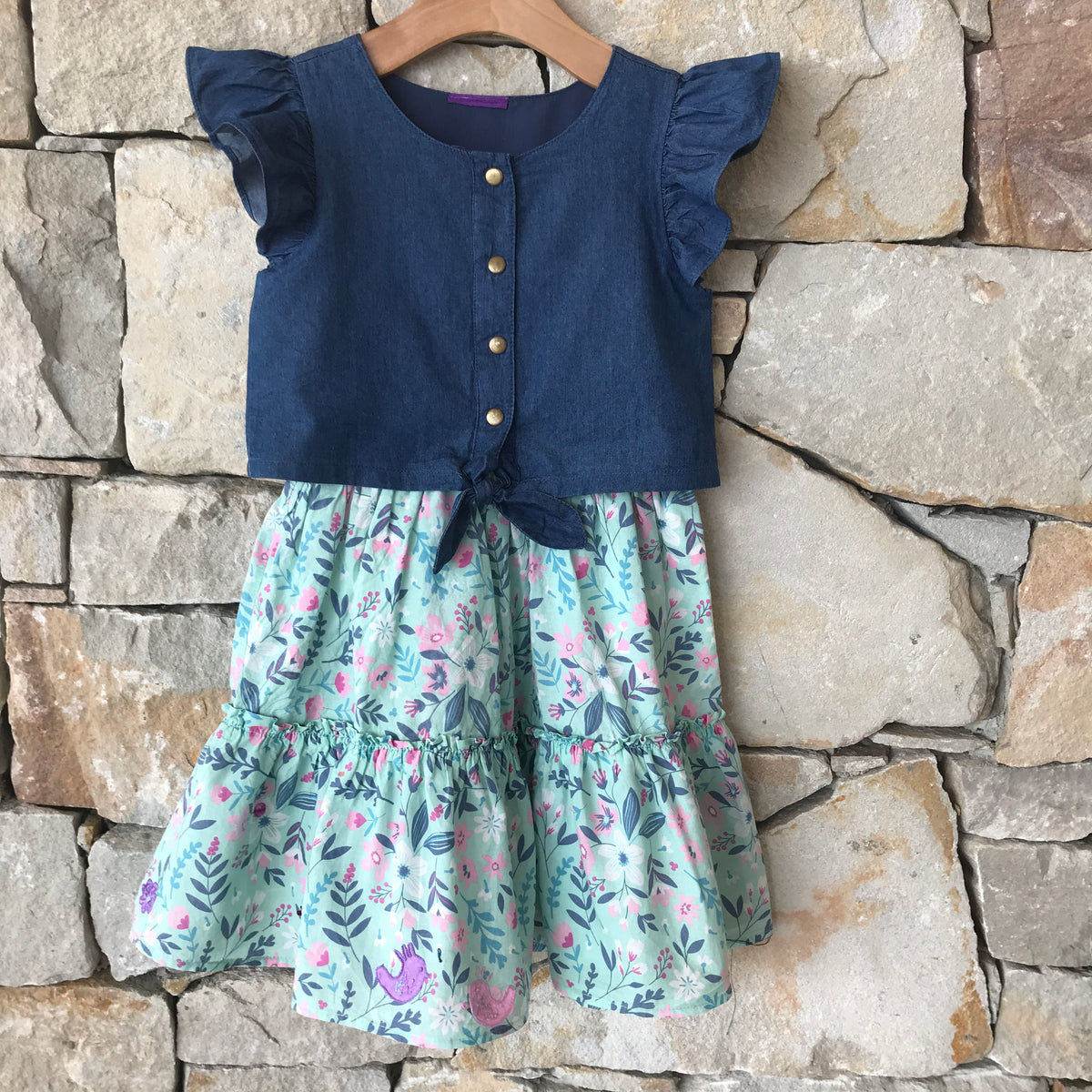 Flowers and birds denim dress - size 7