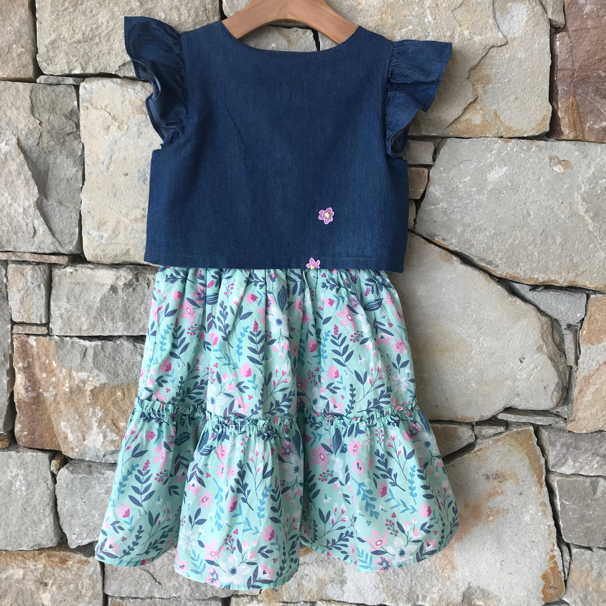 Flowers and birds denim dress - size 7