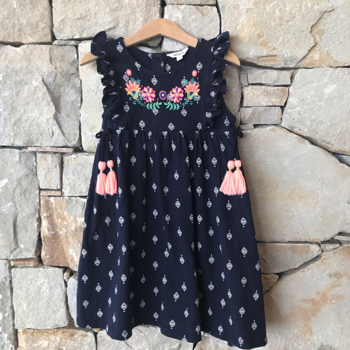 Navy blue floral tassel dress: size 6