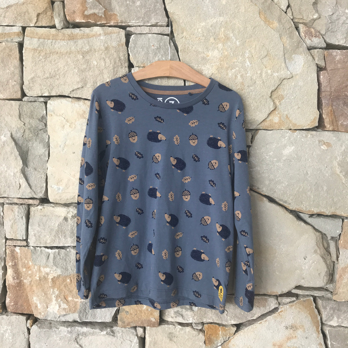 Hedgehogs, acorns &amp; leaves long sleeved t shirt: size 7