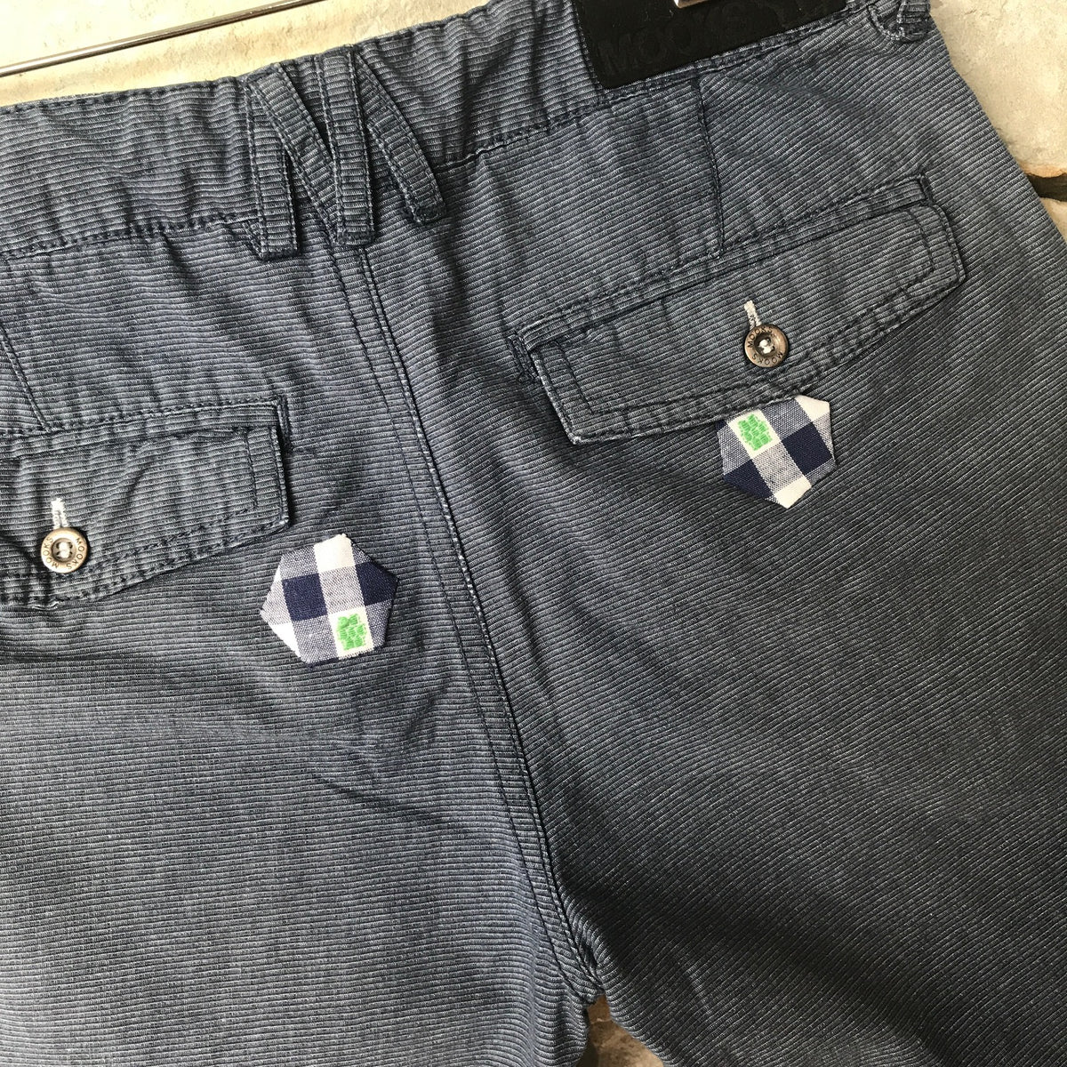 Denim shorts with hexagon patches: size 10