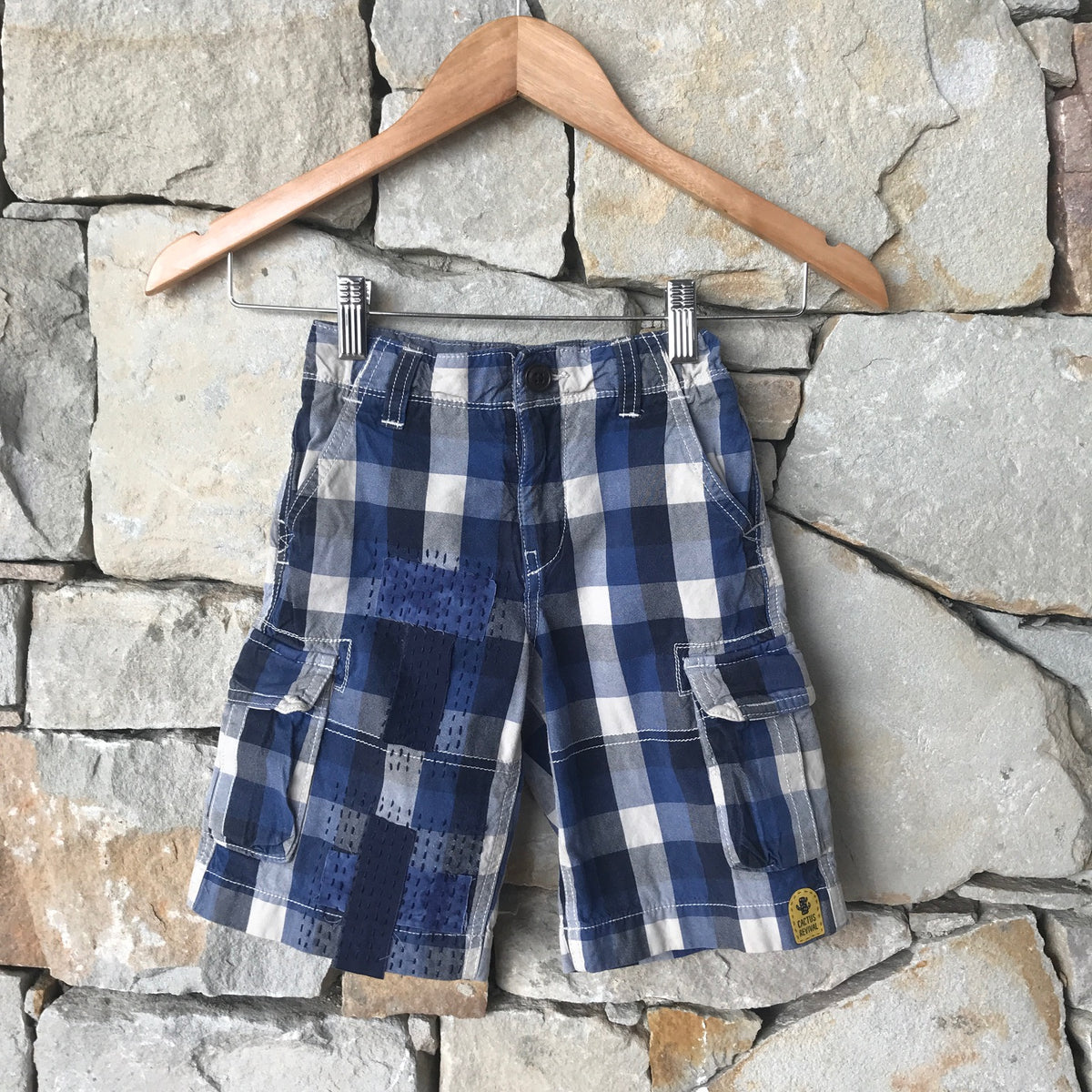 Tartan cargo shorts with Boro stitching detail: Size 4